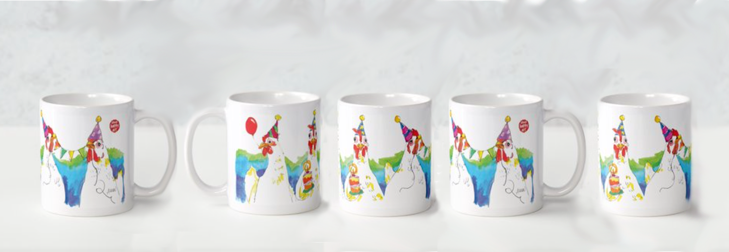 5 white mugs, each featuring 4 white chickens wearing party hats